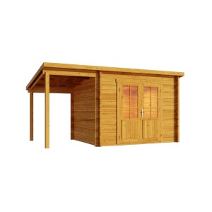 Imprägniertes Alpholz Gartenhaus Maria-28 mit Schleppdach, naturbelassenes Holz.