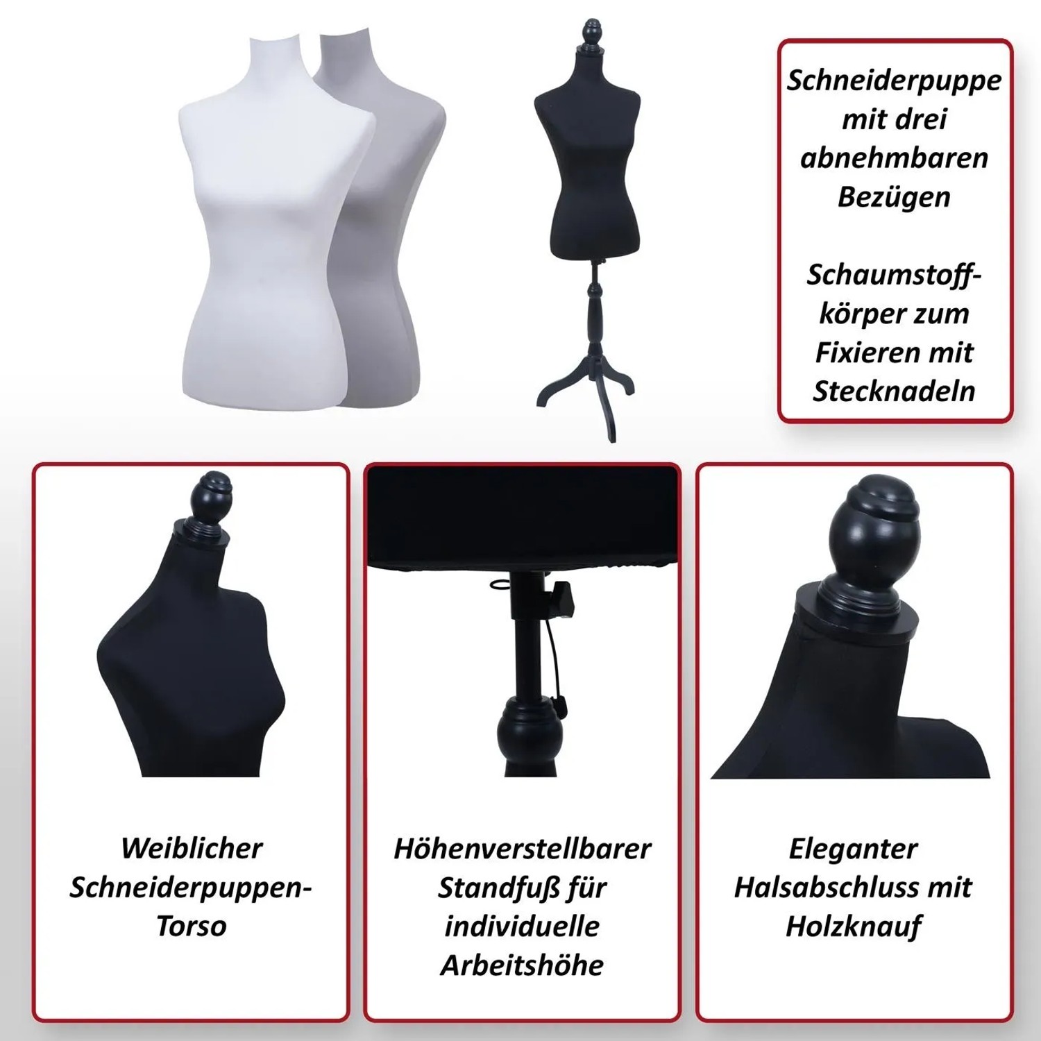 Weibliche Schneiderpuppe Q24 schwarz mit höhenverstellbarem Standfuß, Holzknauf und abnehmbaren Bezügen. Schaumstoffkörper.