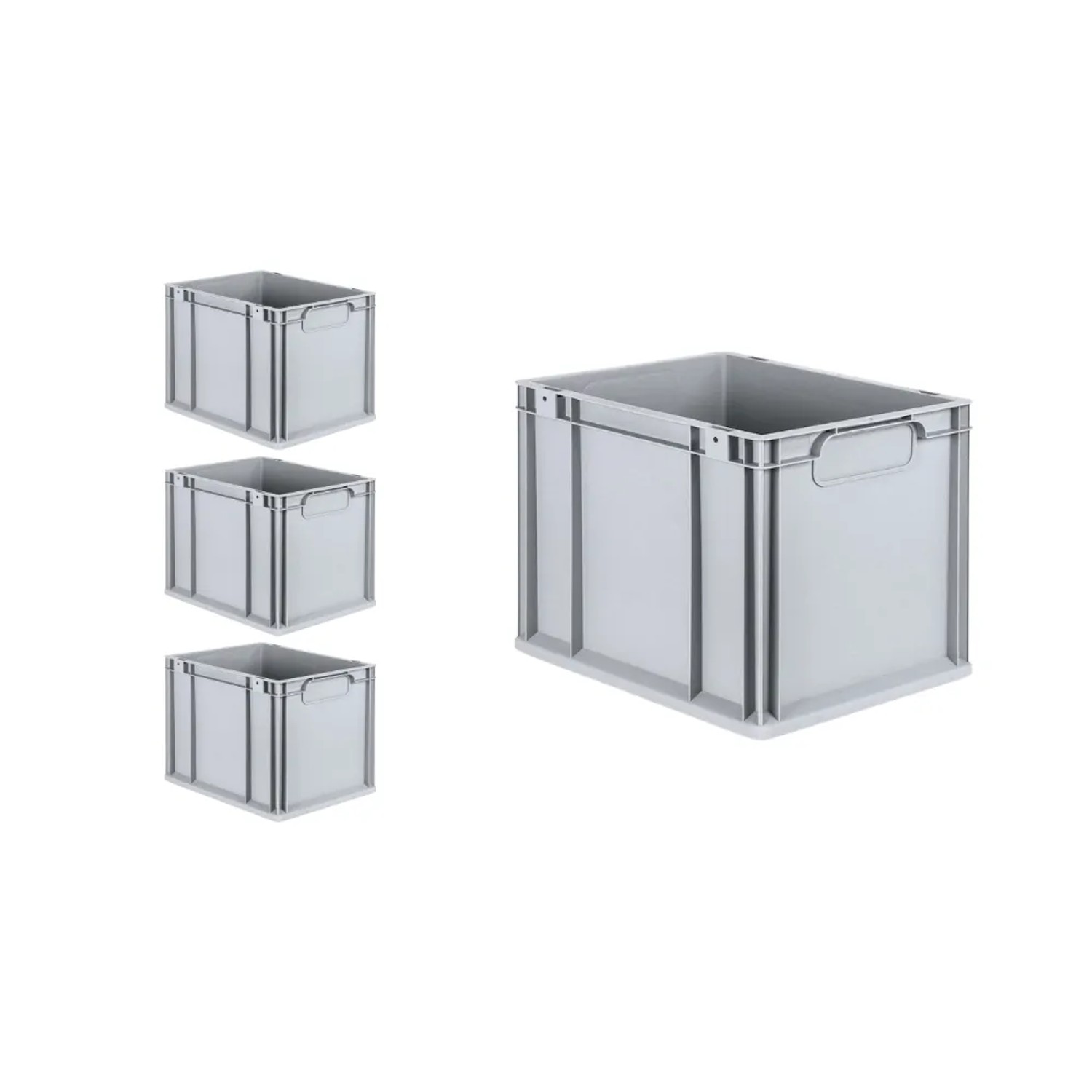 PROREGAL Spar Set: 4 graue Euroboxen Nextgen Economy, 30 Liter, mit Griffen. Aufbewahrungsboxen für Industrie und Gewerbe.