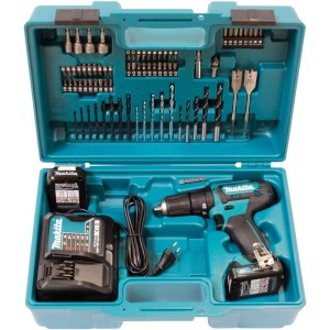 Makita Akku-Schlagbohrschrauber HP333DSAX1 im Koffer mit Akkus, Ladegerät und Zubehör.