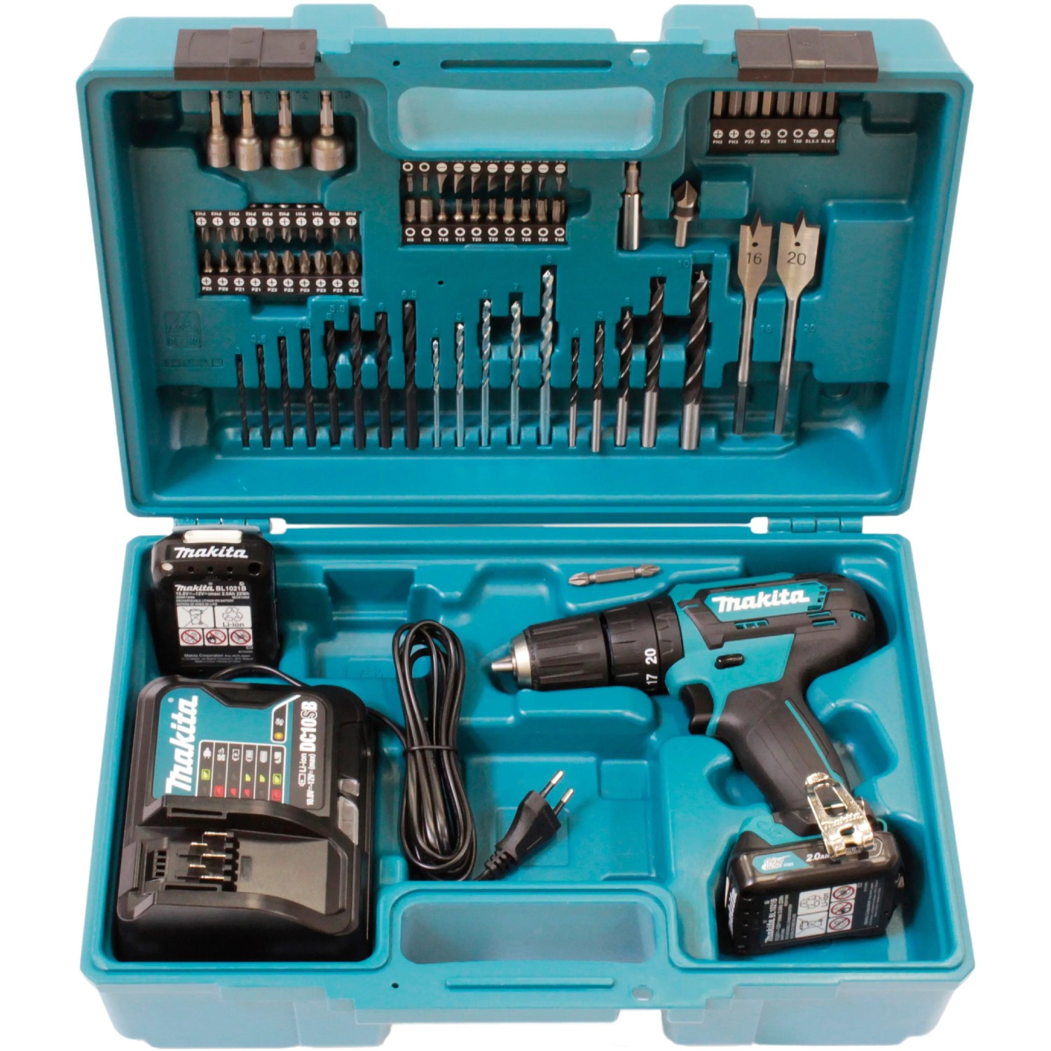 Makita Akku-Schlagbohrschrauber HP333DSAX1 im Koffer mit Akkus, Ladegerät und Zubehör.