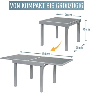 Ausziehbarer ib style Gartentisch Diplomat, 90-180 cm, silbernes Aluminium mit Anti-Fingerprint-Beschichtung.