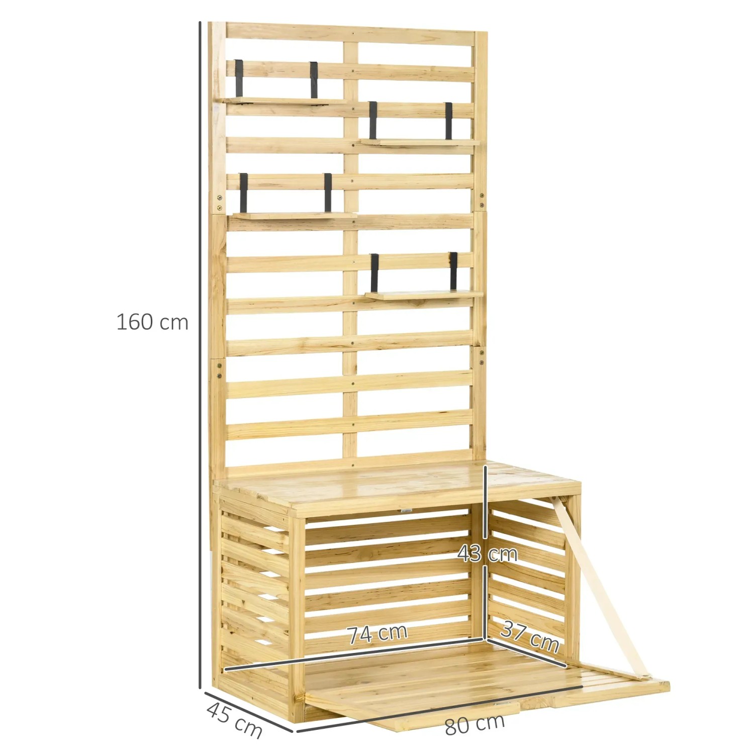 Outsunny Aufbewahrungsbox mit Rankhilfe aus Holz, 80x45x160cm, mit Regalen und Sitzbankfunktion.