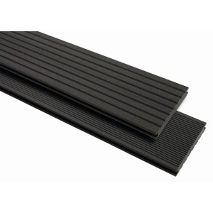 Anthrazitfarbene WPC Terrassendielen mit geriffelter Oberfläche.