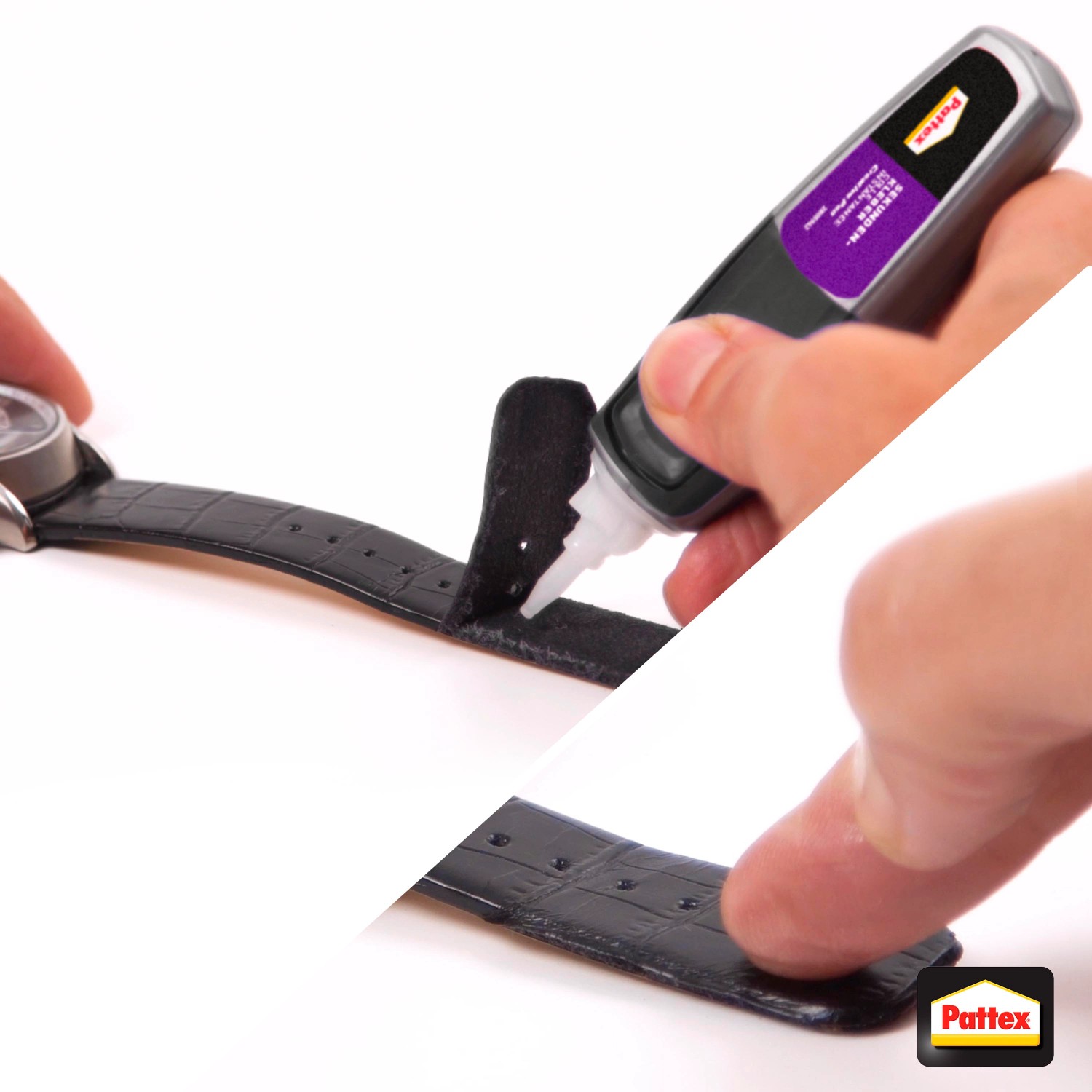 Pattex Sekundenkleber Creative Pen beim Kleben eines Uhrenarmbands.