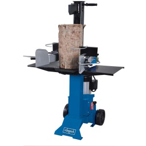 Scheppach Holzspalter HL730 mit Holzstück, 7 t Spaltkraft, Transporträdern und Spaltgutablage.