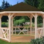 Palmako Holz-Pavillon Betty, naturbelassen, mit braunem Dach und Holzgeländer im Garten.