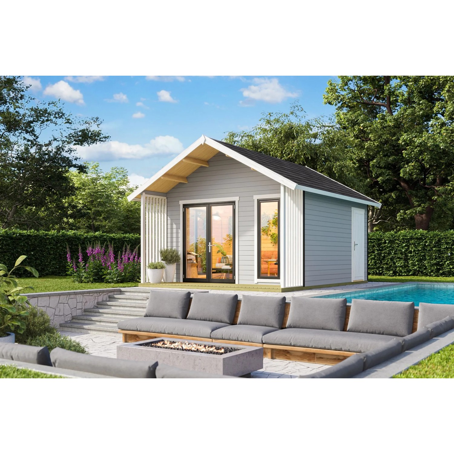 Lasita Holz-Gartenhaus Murano 1 Satteldach Lichtgrau Lasiert 390 cm x 410 cm