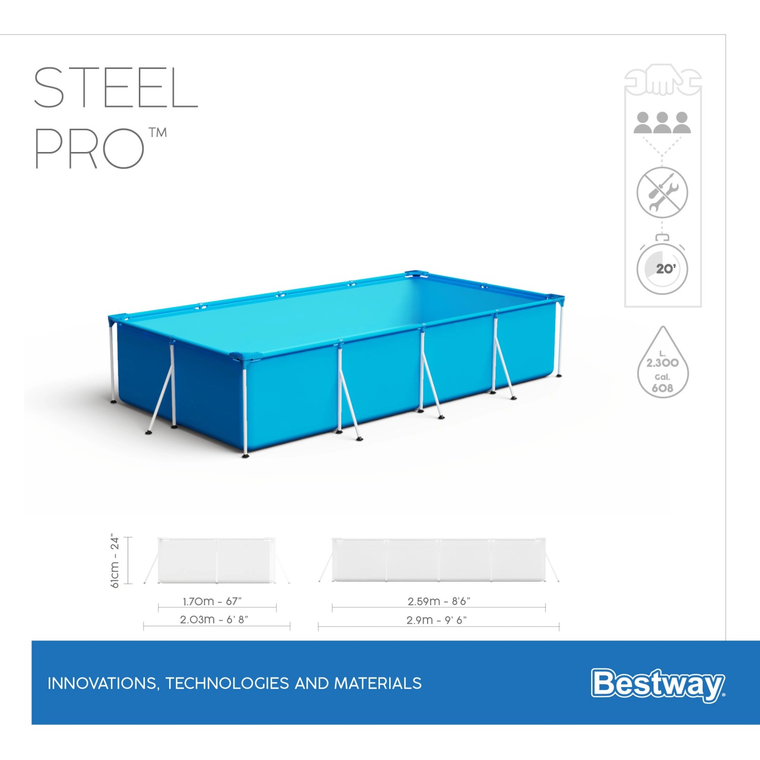 Rechteckiger Steel Pro Frame Pool 259x170x61cm von Bestway, blau.