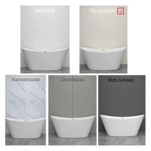 Fünf Duschrückwände als Fliesenersatz: Elfenbeinweiß (ausgewählt), Matt Weiß, Marmor, Zementgrau, Matt Schwarz.