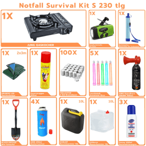 JUNG BLACKOUTPro Notfall Survival Kit 230 tlg: Gaskocher, Radio, Wasserfilter, Teelichter, Schaufel, Kanister, Signalhorn.