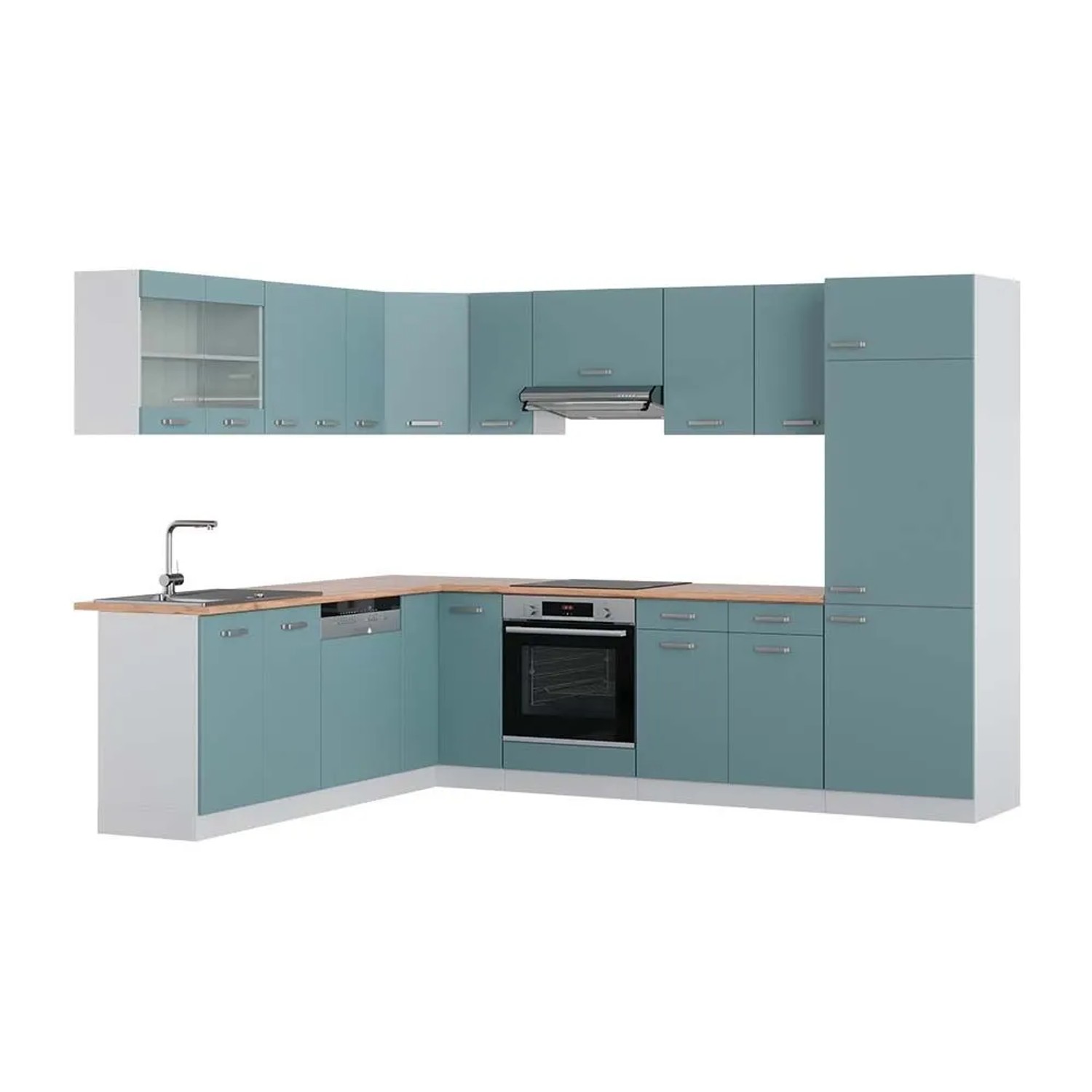 Vicco Eckküche R-Line Blau-Grau/Weiß 287 x 82, AP Eiche