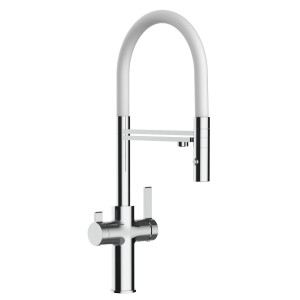 VIZIO Niederdruck 3-Wege Küchenarmatur, verchromt mit weißem, schwenkbarem Auslauf und Handbrause.