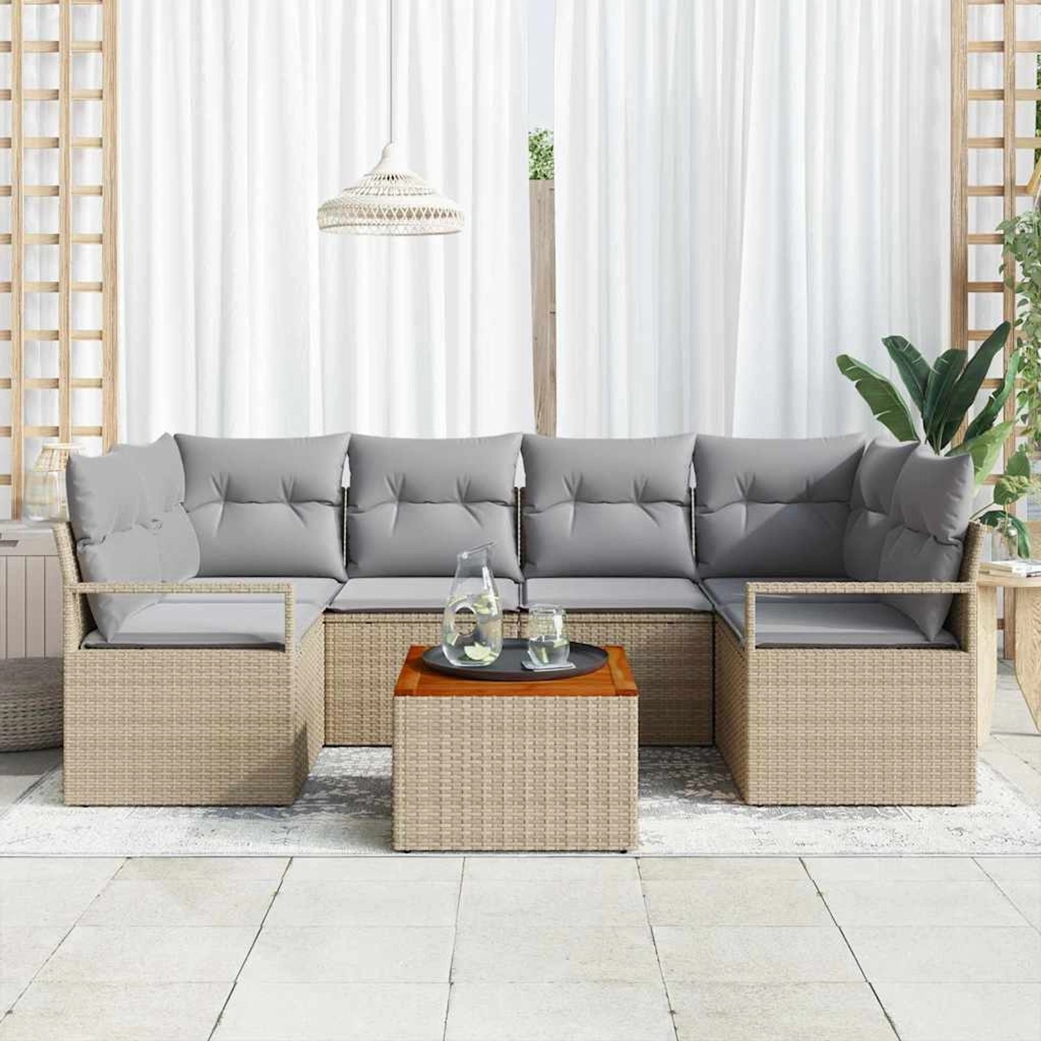 7-teiliges vidaXL Garten-Sofa-Set in Beige/Hellgrau mit Tisch und Polstern.