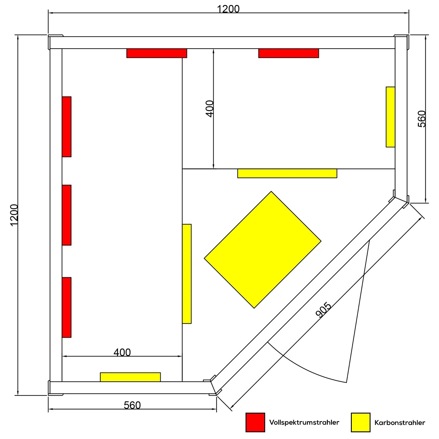 Skizze der Dewello Infrarotkabine Lakefield 120x120 mit Vollspektrum- und Karbonstrahlern.