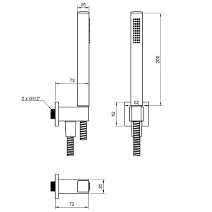 Technische Zeichnung PaulGurkes Duschsystem Unterputz mit Maßen der Handbrause und Wandhalterung.