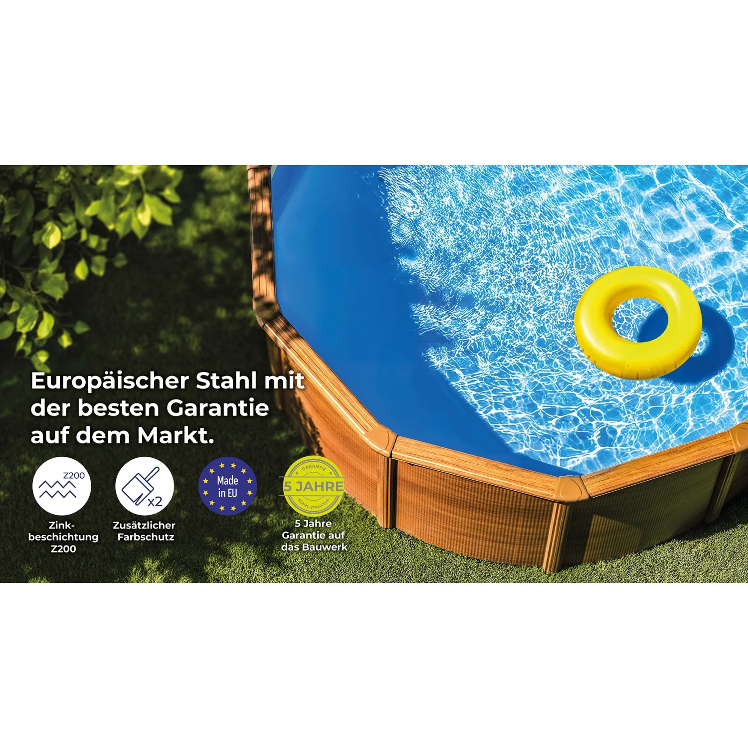 Ovaler Gre Pool Amazonia mit Holzoptik, blauem Wasser und gelbem Schwimmring.