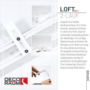 Weiße 2-Lauf Gardinenschiene Loft aus Aluminium mit Montagezubehör. Für moderne Fensterdekoration.
