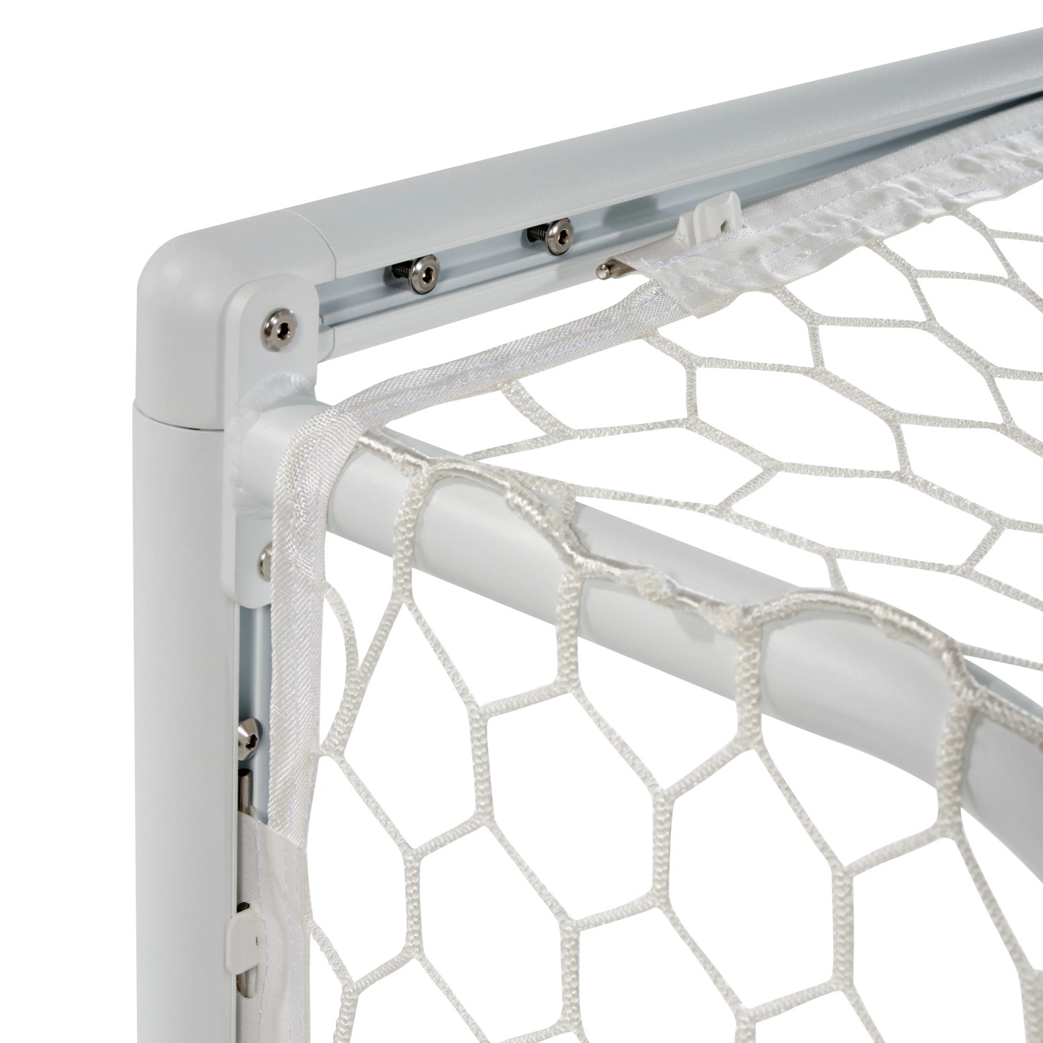 Detailaufnahme: Weißes Exit Scala Fußballtor aus Aluminium, 120x80cm, mit Netz.