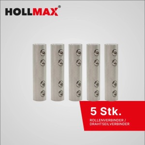 Fünf HOLLMAX Edelstahl Staketenzaun Rollenverbinder für Seile und Drähte 3-6mm, robust und witterungsbeständig.