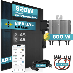 SUNNIVA Balkonkraftwerk 920W mit Wechselrichter, Solarmodulen, Kabeln und App-Darstellung.