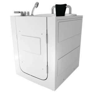 Weiße Senioren Badewanne mit Tür, Handbrause und Nackenstütze. Rechteckige Sitzbadewanne.