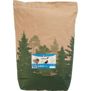 Elles Wildvögel-Fettfutter im 20 kg Sack, mit Waldmotiv. Ganzjahresfutter für Wildvögel.