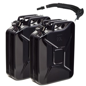Zwei schwarze 20L BW Kraftstoffkanister aus Metall mit Ausgießer für Benzin, Diesel & E10.
