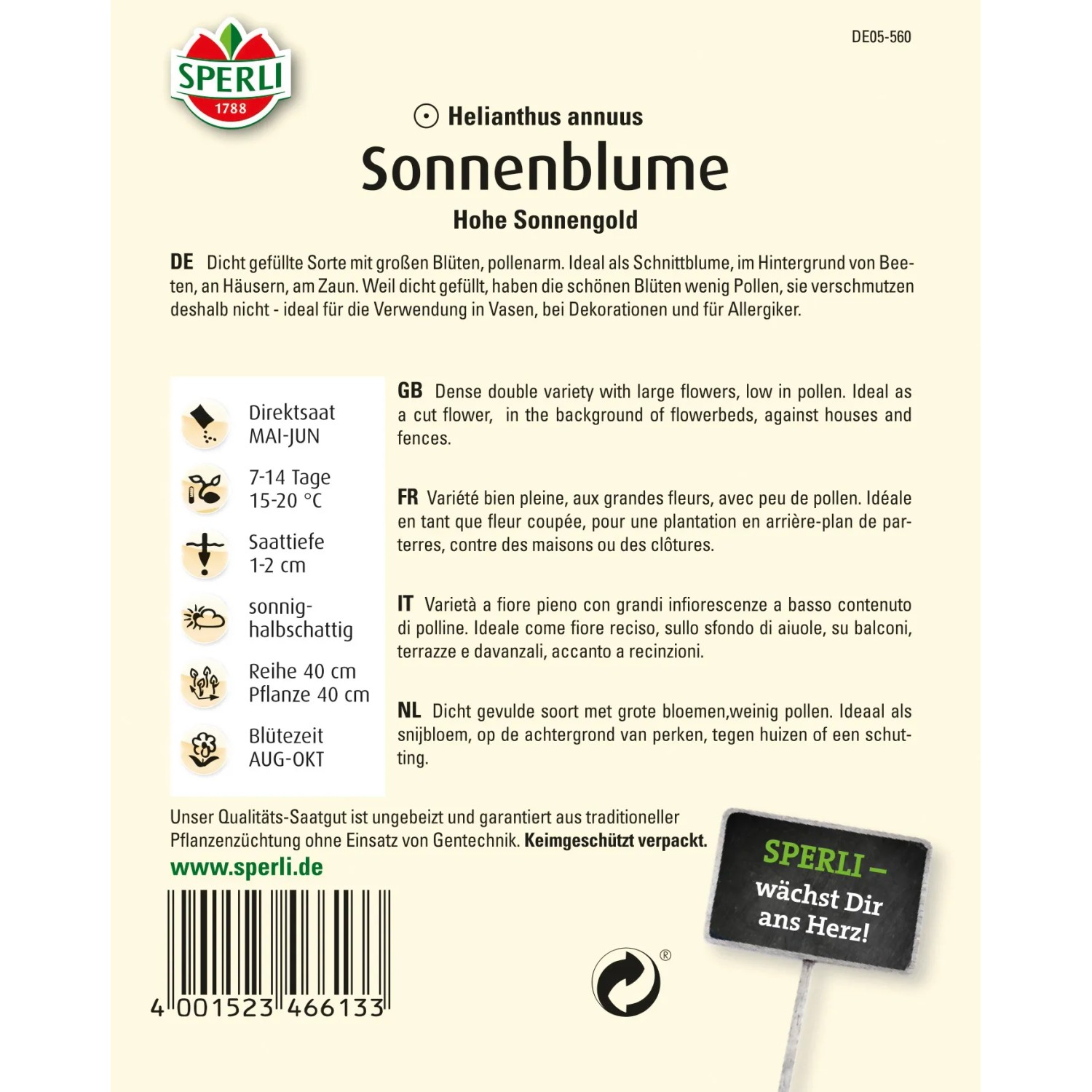 Samenpackung Sperli Sonnenblume Hohe Sonnengold Gelb, pollenarm und ideal für Allergiker.