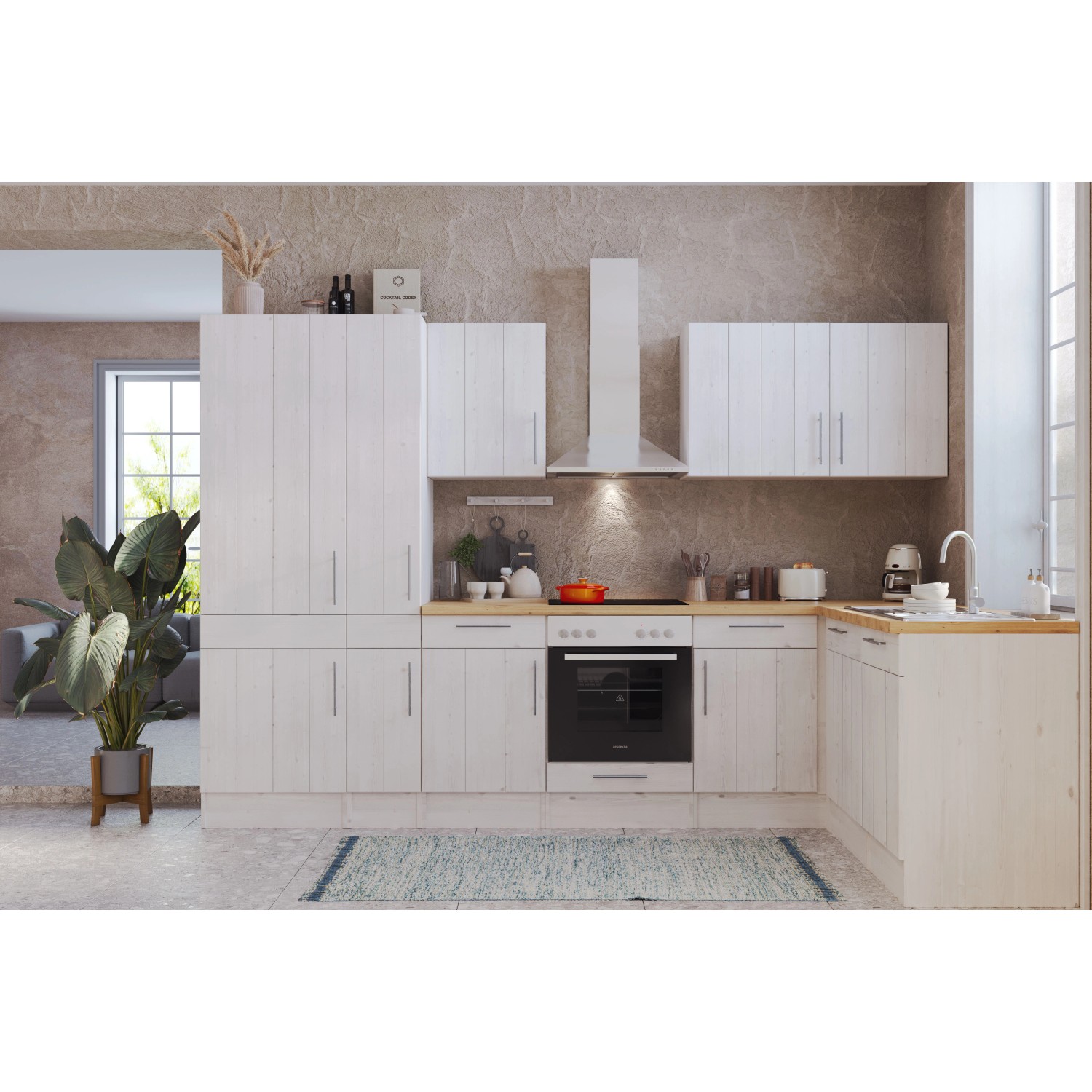 Respekta L-Küchenzeile Anton 310 cm in Lärche Weiß ohne E-Geräte.