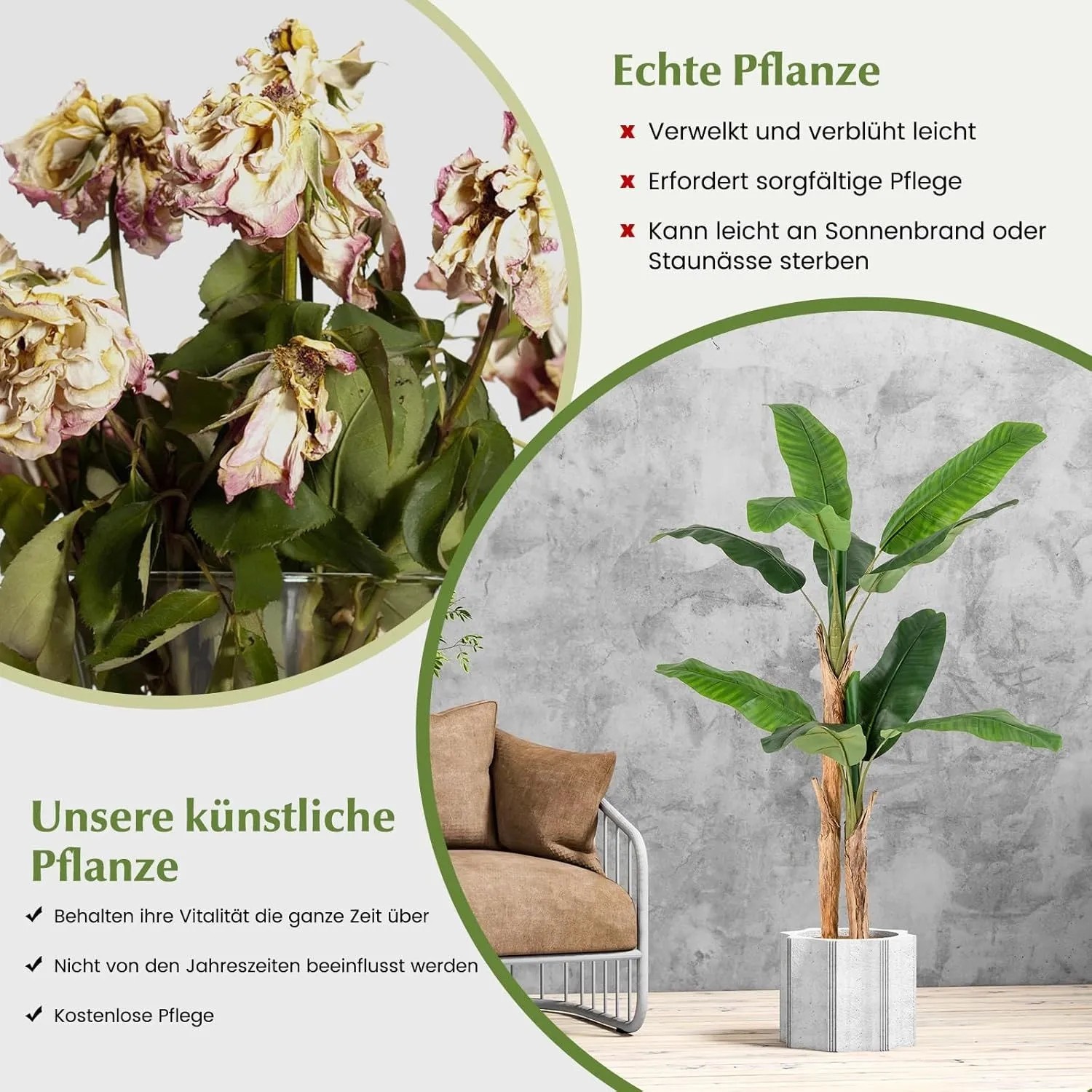 Costway 165 cm Kunstpflanze Tropische Palme mit grünen Blättern im Topf, frisch, pflegeleicht, neben verwelkten Blumen.