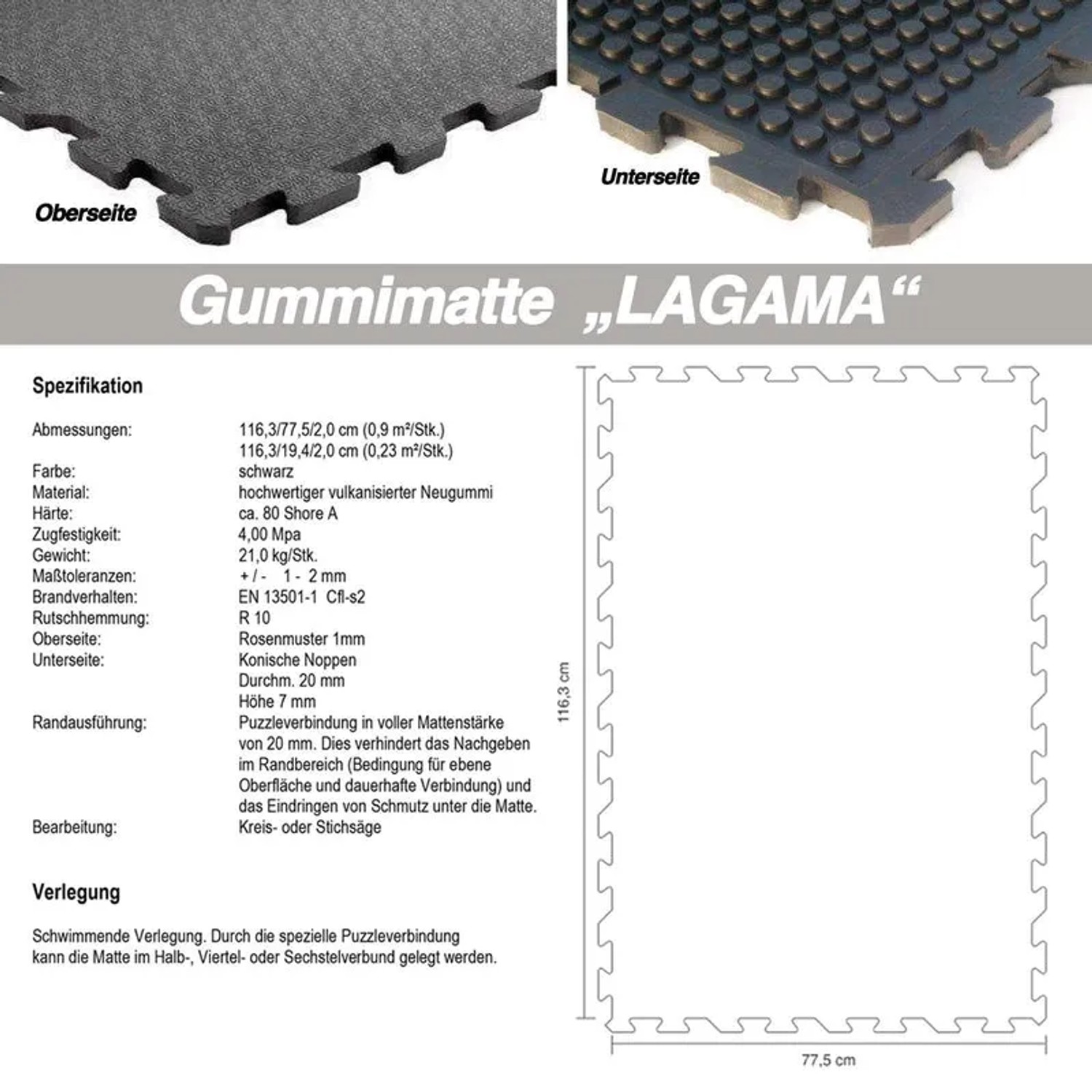 KARAT Stallmatte aus Gummi, 120x80cm, mit glatter, bedruckter Oberfläche und Puzzleverbindung.