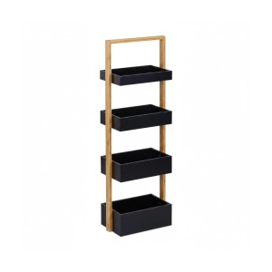 Schmales Relaxdays Badregal aus Bambus mit 4 schwarzen Ablagen, 88x30x18 cm, ideal für kleine Bäder.