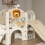 AIYAPLAY 7-in-1 Kinderrutsche aus cremeweißem Kunststoff mit Basketballkorb, Rutsche und Kletterbereich.