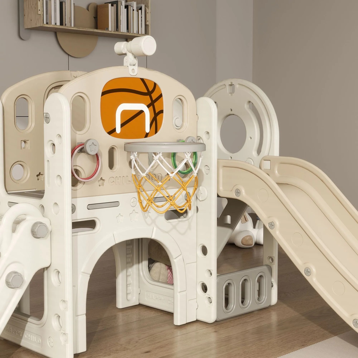AIYAPLAY 7-in-1 Kinderrutsche aus cremeweißem Kunststoff mit Basketballkorb, Rutsche und Kletterbereich.