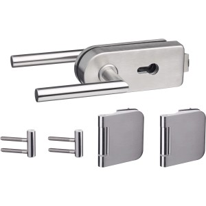 Beschlag-Set für Glasdrehtüren, Edelstahl gebürstet, mit Schlosskasten, Drückerpaar und Bändern.
