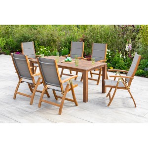 Merxx Acapulco Gartenmöbel-Set, 7-teilig: Tisch und 6 Klappsessel aus Akazienholz mit Textilbespannung.