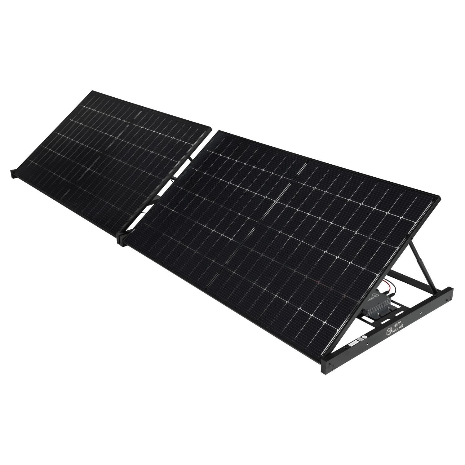 Hepa Solar Balkonkraftwerk Premium 800 mit zwei schwarzen Solarmodulen auf einem aufklappbaren Rahmen.