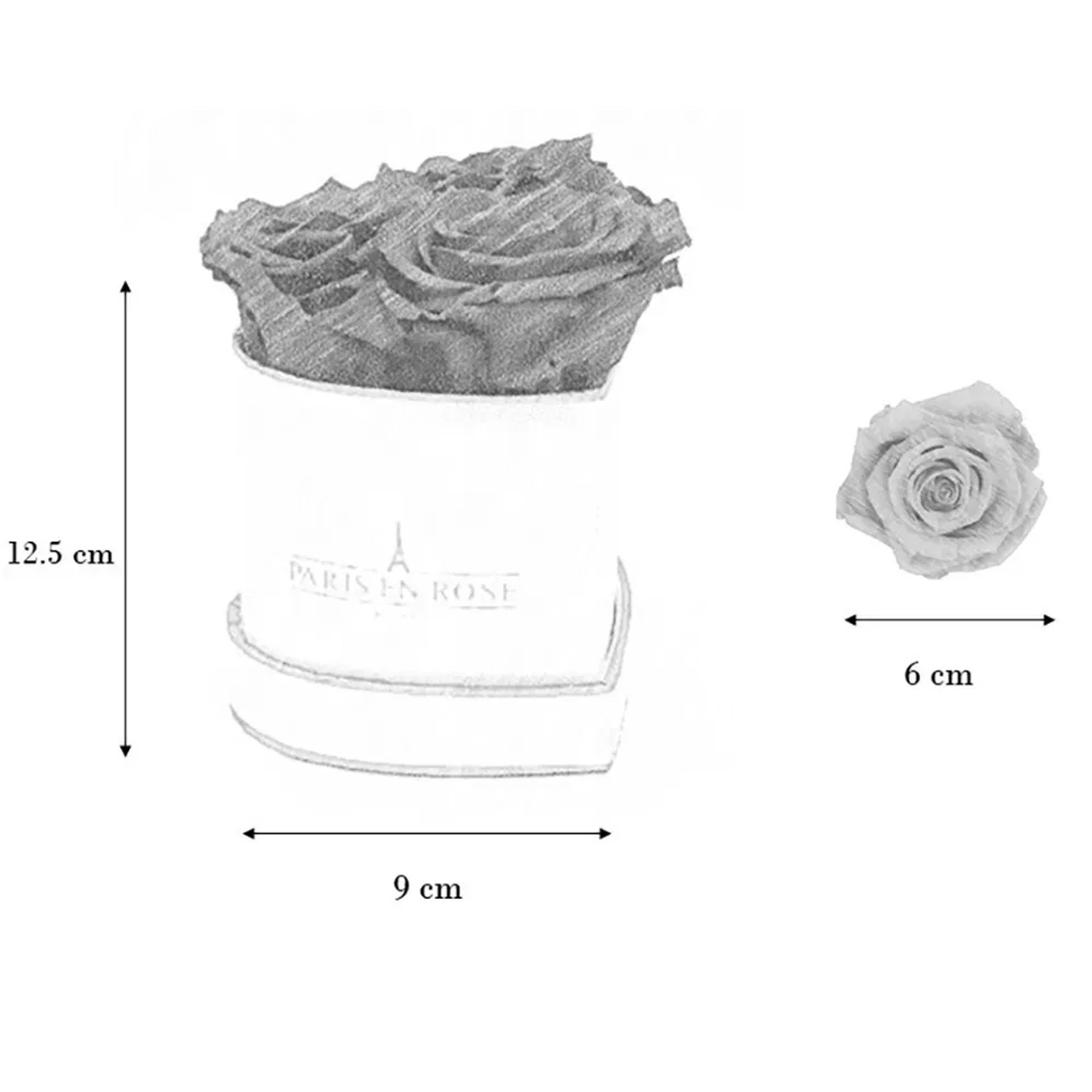 Rosenbox Herz, weiß-gold, mit 3 rosa Rosen und Maßangaben. Blumenstrauß für besondere Anlässe.