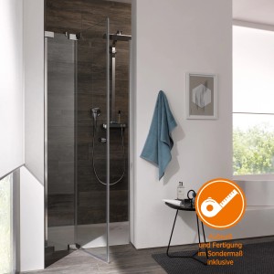 Brava Dusch-Nischentür mit Festteil, Chrom, Sondermaßanfertigung. Duschtür mit klarem Glas.