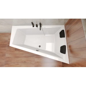 Weiße KOLMAN Eckbadewanne aus Acryl, 150x85 cm, mit schwarzer Armatur, Ablauf und zwei Kopfstützen. Ideal für Ihr Bad.