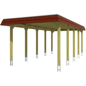 Skan Holz Carport Spreewald, 345x741cm, rote Blende. Holzcarport mit Flachdach und 10 Pfosten.
