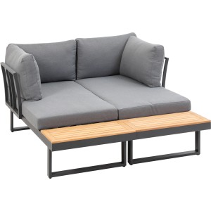 Greemotion Lounge-Set Samara, 3-teilig, Akazienholz mit grauem Kissen und Aluminiumgestell.