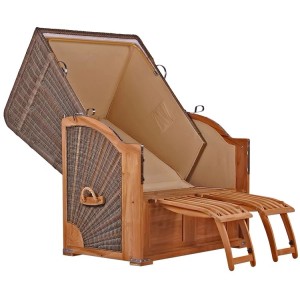 Geöffneter grauer Strandkorb Nordstrand aus Teakholz mit ausziehbaren Fußstützen.