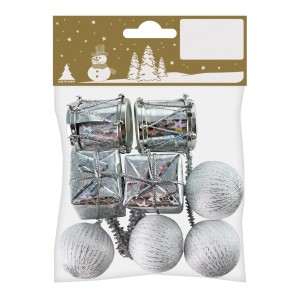 8-teiliges Bastel-Set für Weihnachtsdeko: Weiße Kugeln, silberne Trommeln und Geschenke aus Kunststoff.