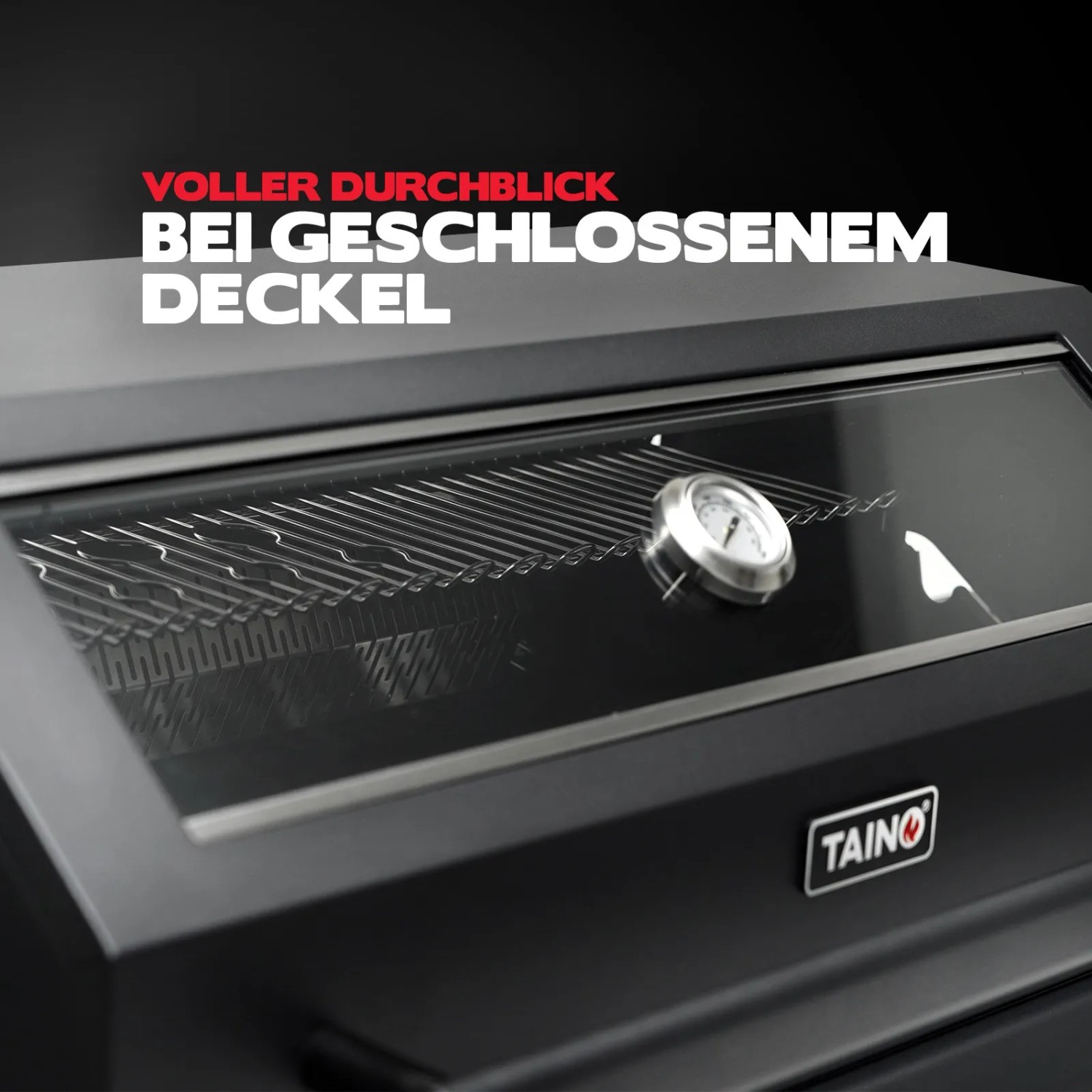 Detailaufnahme: Taino Platinum Yamara Dark 4+2 Gasgrill mit geschlossenem Deckel und Temperaturanzeige.