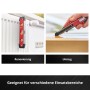 Einhell Werkzeugkoffer: Wasserwaage an Heizung, Cutter schneidet Paket. Vielseitige Werkzeug-Set Anwendungen.