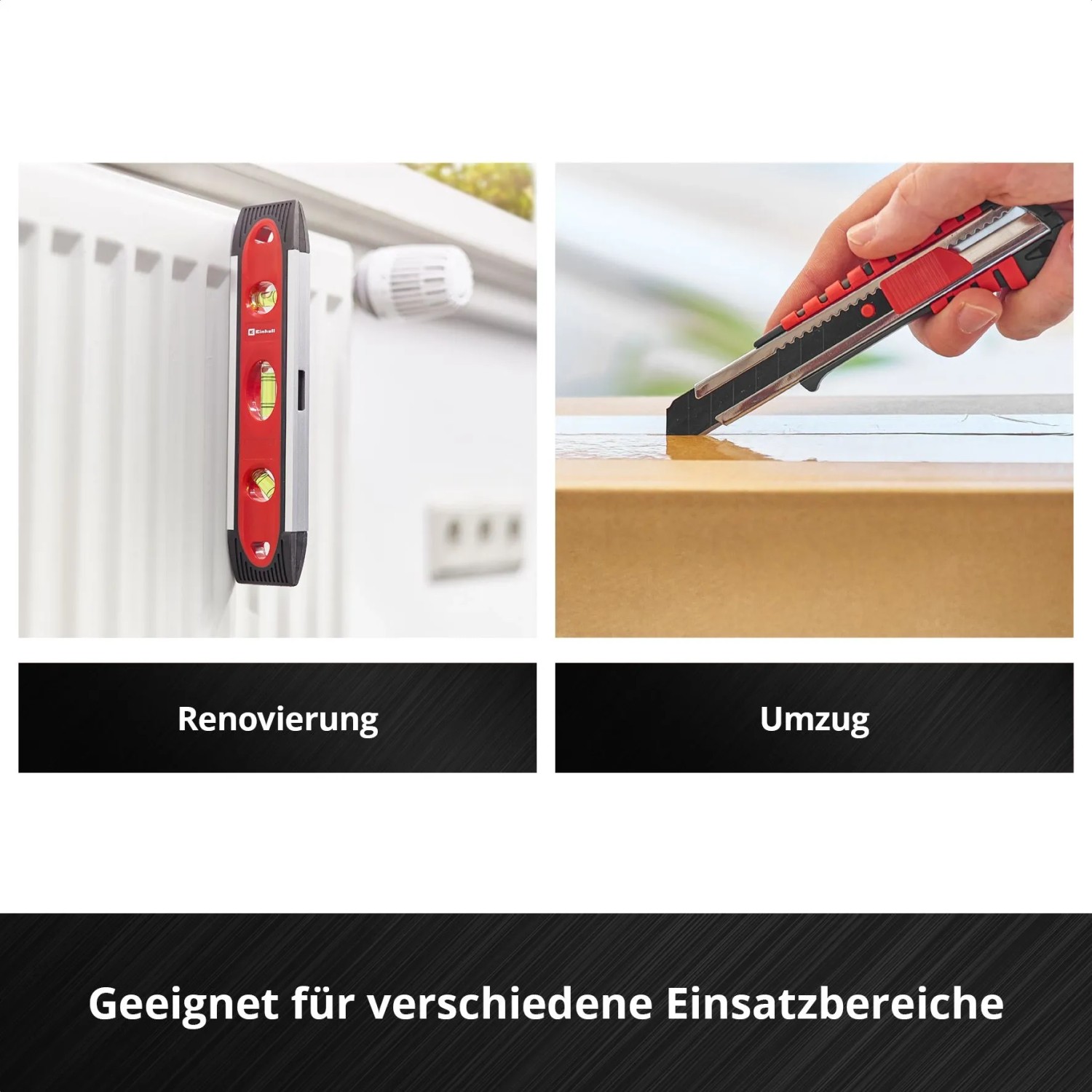 Einhell Werkzeugkoffer: Wasserwaage an Heizung, Cutter schneidet Paket. Vielseitige Werkzeug-Set Anwendungen.