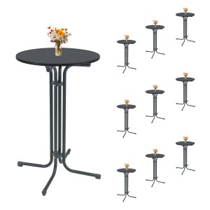 10er Set klappbare Stehtische, anthrazitfarben, mit Stahlgestell und runder MDF-Tischplatte.