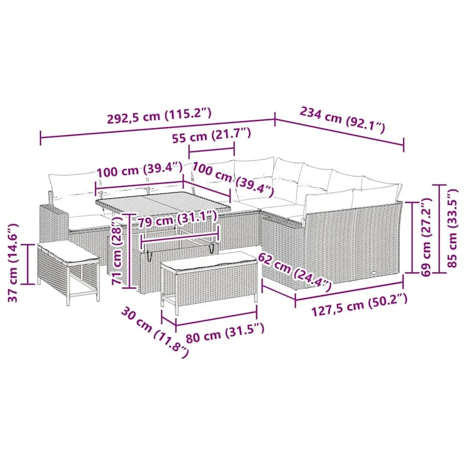 Beiges 12-tlg. vidaXL Garten-Sofa-Set aus Poly Rattan mit Tisch und Hockern, Maße eingezeichnet.
